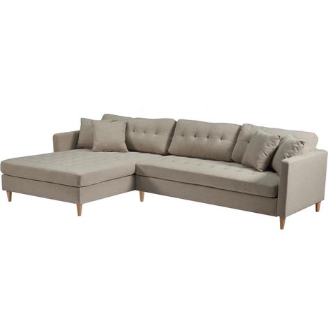 Marino Deluxe Chaiselongsofa rechts oder links gewendet mit Kissen Stoff sandfarben.