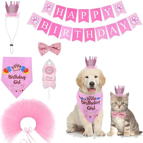 1 kit accessoire de fête pour chien et chat, jupe tutu, couronne, nœud papillon, écharpe, banderole Joyeux anniversaire, décoration gâteau (1/5)
