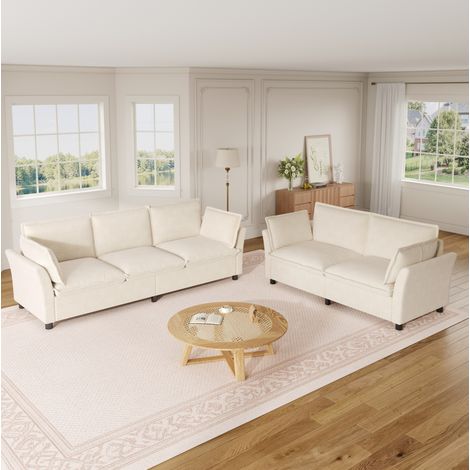 Divano modulare 3+2 posti in chenille beige, set 220/155 cm dal design moderno e comfort soffice (1/5)