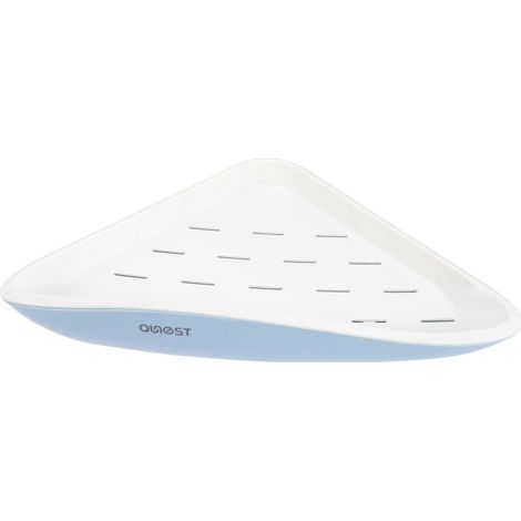 Mensola angolare a parete in plastica blu, ideale per riporre oggetti in bagno e nella doccia.