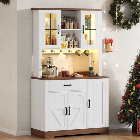 Modernluxe - Buffet de cuisine 105x40x185cm avec LED et prise, étagères réglables et crochets - blanc (1/5)