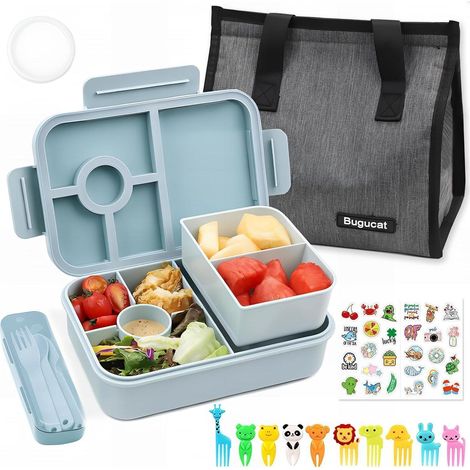 Boîte à lunch enfant 1300ML avec compartiments, étanche, sac isotherme, couverts, autocollants (1/5)