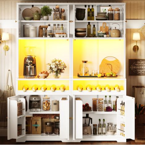 Buffetschrank Set 140x38.3x180 cm, RGB LED per App, Glastüren, Weinhalter, MDF Metall, Weiß (1/5)