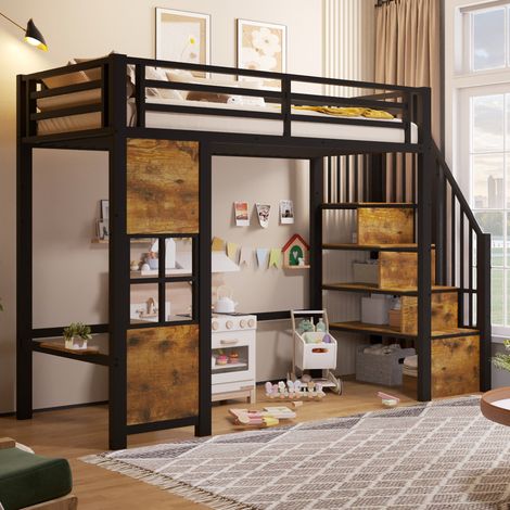 Litera 90x200 cm negra de metal y MDF con escalera de almacenaje y espacio abierto (1/5)