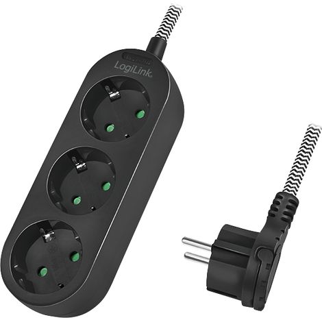 Regleta triple LogiLink, 3 tomas CEE 7/3, cable textil, color negro. (1/4)
