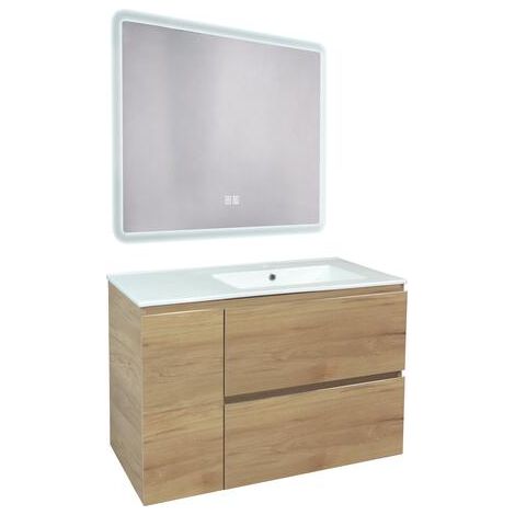 ONDEE ZEN - Meuble de salle de bain TRENDY - 90 cm - Bois - 2 Tiroirs et 1 porte - Miroir ATHENA