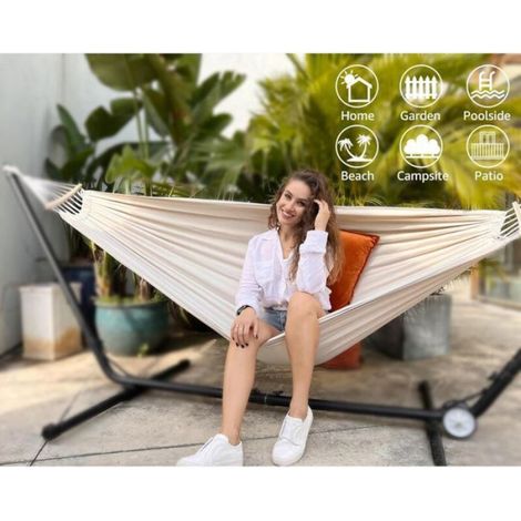 Hamac - Coton - Avec Perche en Bois Courbé - Pour Jardin Terrasse Intérieur Extérieur - 190 x 150 cm - 1 Unité (1/5)
