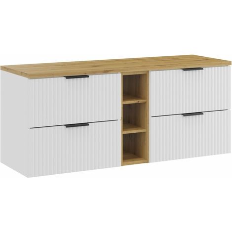 Conjunto de baño NOXERA 140 cm - Mueble bajo lavabo suspendido blanco alpino con encimera para lavabo de roble y nichos abiertos