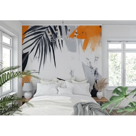 Papier peint noir et blanc feuilles graphiques orange 1 - 150 x 250 cm (1/2)