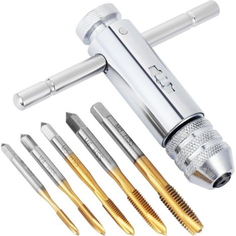 Tarauds et filières, tarauds à main, clé à cliquet réglable avec poignée en T, outils à filetage métrique HSS M3 M4 M5 M6 M8 (1/5)