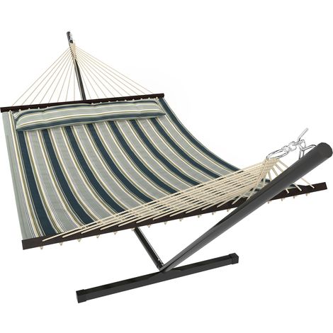 Hamac sur pied 353 cm, hamac avec support acier, coussin amovible et barres d'écartement, vert - Hamac géant avec structure métallique (1/5)