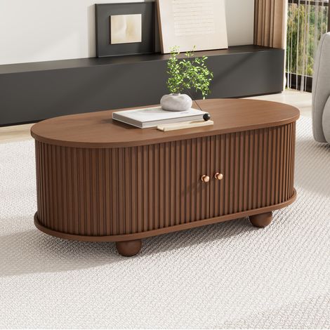Table basse ovale 100x50x40 cm couleur noyer en MDF avec rangement et portes coulissantes (1/5)