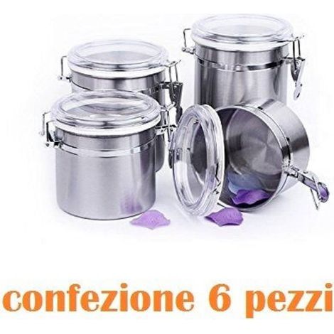 TrAdE Shop Traesio - Set 6 Pezzi Barattolo In Acciaio Inox 10x16cm Alimenti Zucchero Caffè Cucina -