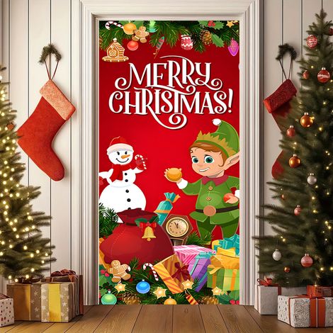 Rideau de porte de Noël 2026, bannière extérieure avec fond photo Père Noël et chien, tissu à suspendre - 90 x 180 cm (rainure + ruban) - 28