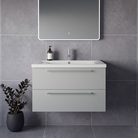 Napoli 460 Gloss Grey Pearl 800mm Wall Mounted 2 Drawer Vanity Unit with Glide Basin - 800mm - Chrome 480mm Handle