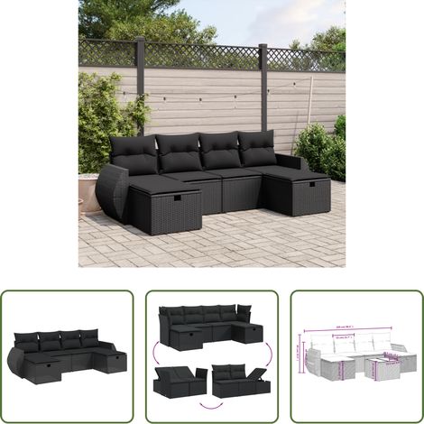 Gartensessel - 6-tlg. Garten-Sofagarnitur mit Kissen Schwarz Poly Rattan (1/5)