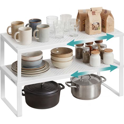 Étagère à Épices, Lot de 2, Extensible, Organisateur de Cuisine, Porte-épices, Cuisine, Petite Étagère, Métal, Plan de Travail, Organisateur de Table, Blanc Mat (1/5)