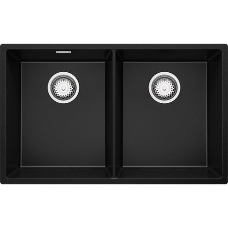 PRIMAGRAN Evier Cuisine en Granit 76x47cm, Lavabo 2 bacs + Kit de Vidage, Évier à Encastrer au meuble 80cm - London Slim Twin, Noir (1/5)