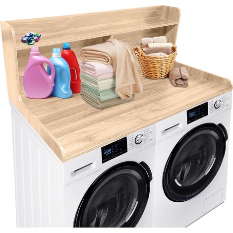 Plan de travail 2 niveaux pour lave-linge et sèche-linge avec étagère - 54 x 27,5 po (20 po étagère) - MDF effet bois imperméable, rebords surélevés, patins antidérapants - Couleur bois - Couleur : Wo (1/5)