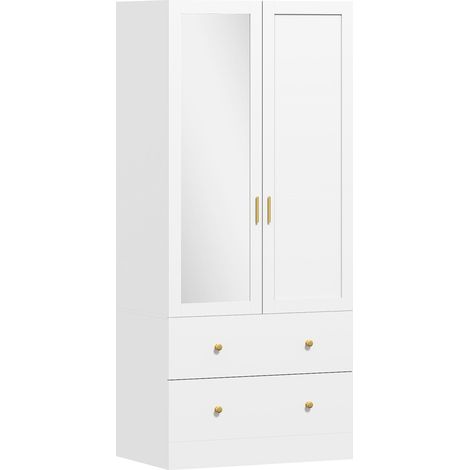 Armoire Penderie Hildegonde Design Miroir 2 Portes Tiroirs Blanc Doré Élégante Sécurisée