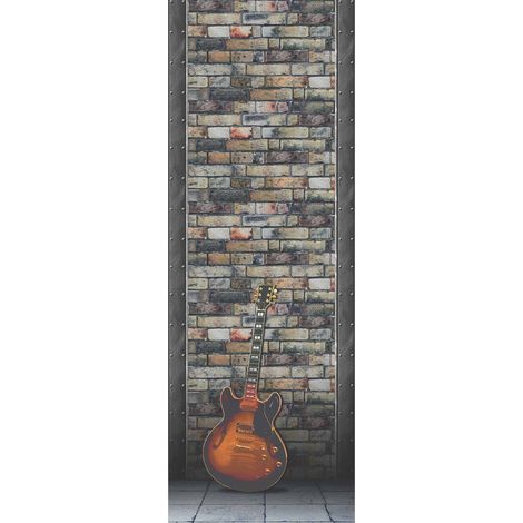 Papier peint panoramique aspect mur de brique | Tapisserie panoramique guitare pour chambre d'ado | Papier peint panoramique gris et marron - 280 x 100 cm (1 pièce) (1/2)