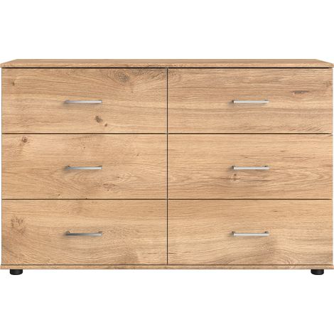 Commode / meuble de rangement coloris imitation chêne poutre/chrome brillant - Longueur 130 x Hauteur 83 x Profondeur 41 cm -PEGANE- (1/4)