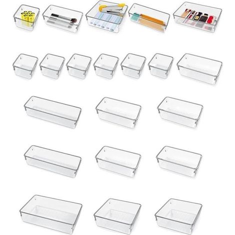 Organisateur de Tiroir - 16 Pièces - Plastique Résistant - Adaptable Maquillage Bureau Cuisine Salle de Bain - Dimensions Variées - Lot Complet (1/5)