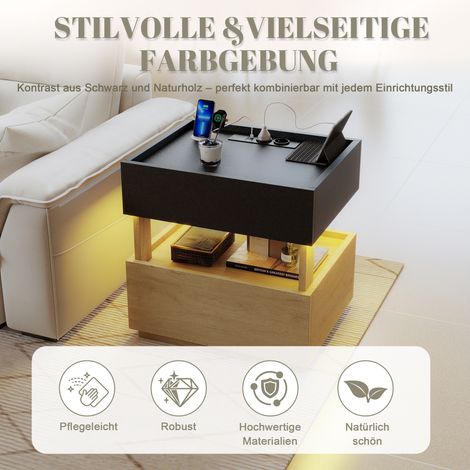 Table de chevet intelligente avec chargement sans fil, éclairage d'ambiance LED, ports USB et deux tiroirs – table d'appoint moderne pour la chambre (noir et bois naturel) (1/4)