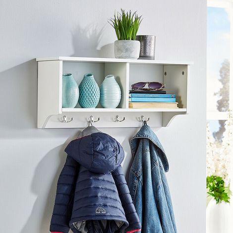 Coat Hook Wall Mounted Unit White 2 Open Shelves 4 Robe Hooks Bathroom Hallway (1/5)