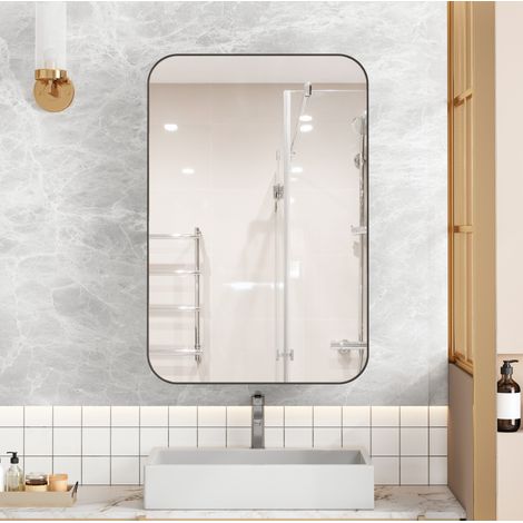 Armadio specchio rettangolare nero da parete o incassato 76 x 51 x 12 cm con 2 ripiani in vetro (1/5)