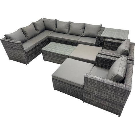 Fimous Outdoor Rattan Rectangular Coffee Table Corner Sofa Sets Garden Furniture Set with 2 Chairs 2 Big Stools Side Table Dark Grey Mixed (1/5)