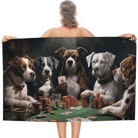 Serviette de plage motifs chiens poker surdimensionnée légère absorbante séchage rapide sans sable serviette de voyage couverture de bain douce fine (1/5)