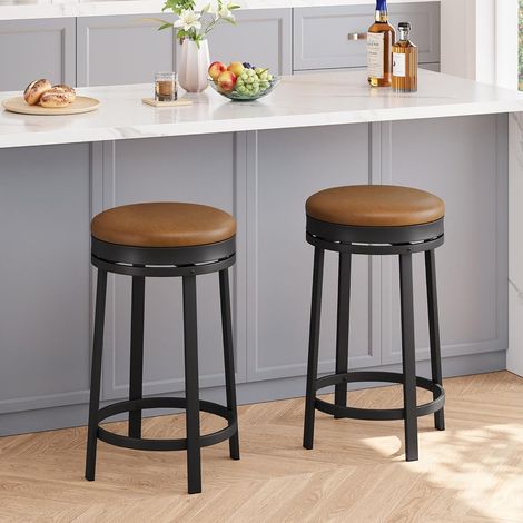 Lot de 2 tabourets de bar pivotants marron sans dossier hauteur 24 pouces, cuir PU et pieds métalliques, cuisine et bar (1/5)