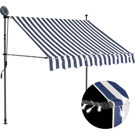 Store banne rétractable à commande manuelle, avec éclairage LED, 150 cm, bleu et blanc