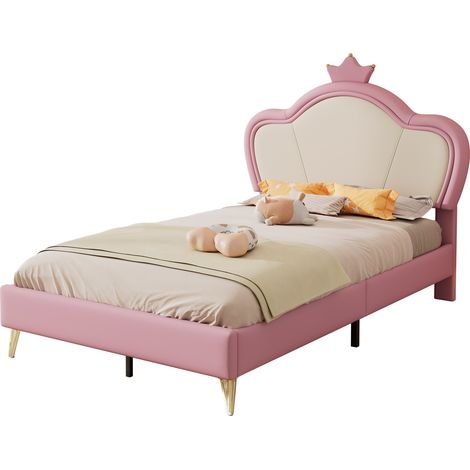 Letto per bambini 90x200 cm, con bordi protettivi morbidi, testata con corona, pu, rosa + bianco (1/5)