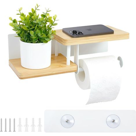 Toilettenpapierhalter aus Bambus mit Ablage. Befestigung mit Kleber oder Schrauben. Weiß. Für Bad, Küche und WC. 30 × 12 × 8 cm (1/5)