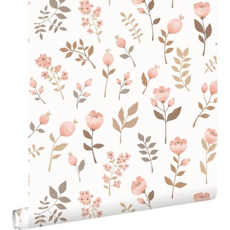 papier peint fleurs rose clair et vert olive grisé - ESTAhome (1/5)
