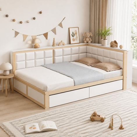DESMIU Lit banquette 140 × 200 cm 2 places avec 2 tiroirs, sans matelas, en bois de pin, naturel (1/5)