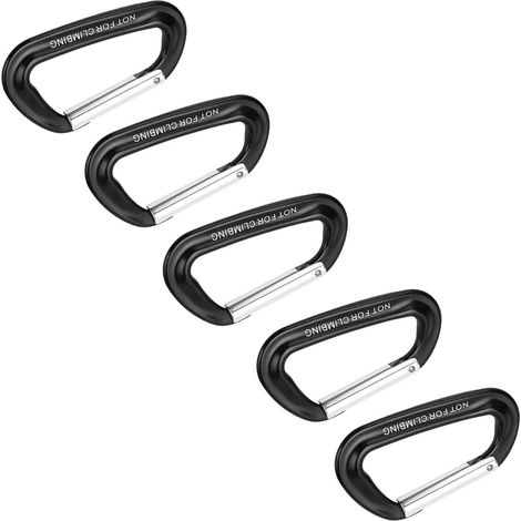 Lot de 5 mousquetons d'escalade en alliage d'aluminium 12 kN (1225 kg) robustes, avec anneau en D, pour le camping, la randonnée et les activités de plein air (noir). (1/5)