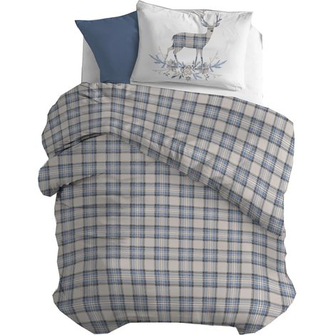 Parure de lit Simple Flanelle 100% Coton, Sac 155 x 200 cm et taie d'oreiller 52 x 82 cm, fabriquée en Italie, Housse de Couette Lavable en Machine à 40 °, Motif cerf Bleu (1/5)