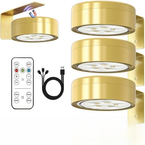 Lampara De Techo Ultrafina - Acabado Dorado - Luz Tricolor - Recargable Por USB - Montaje Magnetico - Set De 3 Unidades Con Mando A Distancia (1/5)