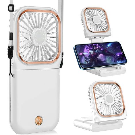 Ventilateur Cou Portable - Personnel - Silencieux pliable rechargeable USB support téléphone - Maison bureau voyage extérieur -Blanc (1/5)