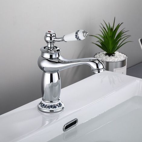 Mitigeur lavabo de salle de bain haute classique en laiton, Design Elégant Robinet Lavabo, haut poignée en céramique pour salle de bain avec eau chaude et froide (argent) (1/5)