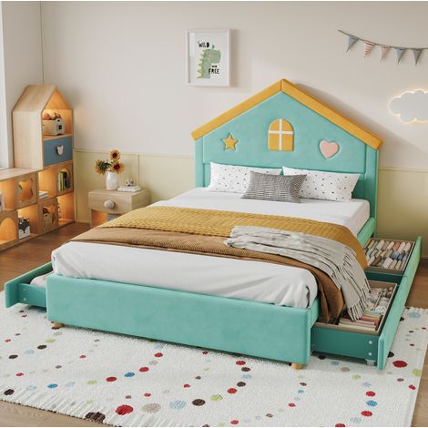 Cama tipo cabaña 140x200 cm con 4 cajones de almacenaje, cabecero acolchado, terciopelo azul verdoso para niños (1/5)