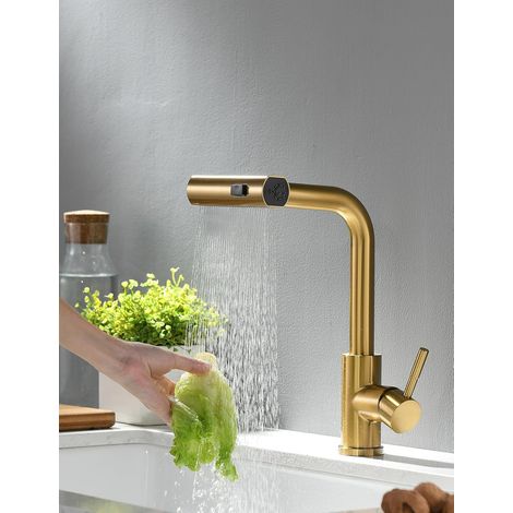 Extendable kitchen faucet - 360° swivel - Single-lever mixer tap for kitchen sink, gold (1/5)