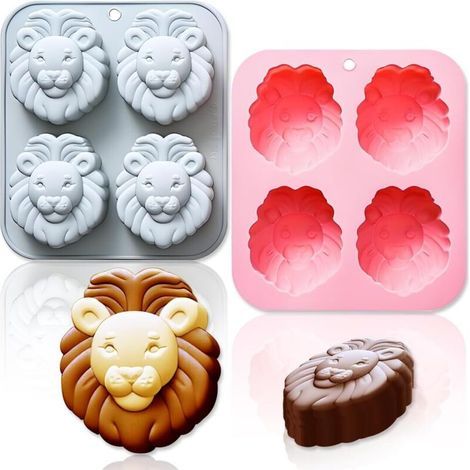 Set of 2 Lion Head Silicone Molds (4 Cavities) - 3D Baking Molds for Chocolate, Fondant and Resin - Food Grade and BPA Free (1/4)