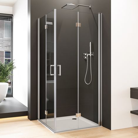 Duschkabine 90x75cm Eckeinstieg 180º Doppel Falttür Duschabtrennung Drehfalttür Dusche Duschwand aus 6mm Nano ESG Sicherheitsglas, Höhe 195cm (1/4)