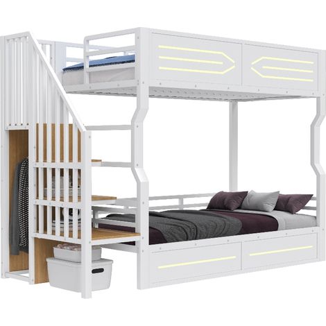 Multifunktionsbett Hochbett 90x200 Weiß aus Metall mit Treppe, integriertem Kleiderschrank und LED-Beleuchtung - Jugendbett mit Rausfallschutz (1/5)