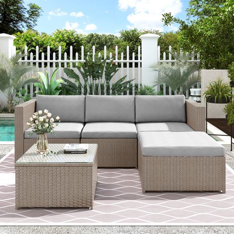 Rattan Garden Furniture Set 4-Seater Outdoor Rattan Furniture Set Garden Lounge Set Outdoor Corner Sofa with Glass Top Coffee Table & Cushions - Khaki