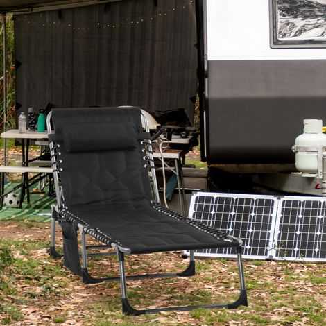 Outsunny Sonnenliege, klappbar Gartenliege mit Kopfkissen, Seitentasche, Liegestuhl mit 5-Fach verstellbare Rückenlehne, wetterfeste Campingliege bis 130 kg belastbar, für Garten Strand Pool, Schwarz